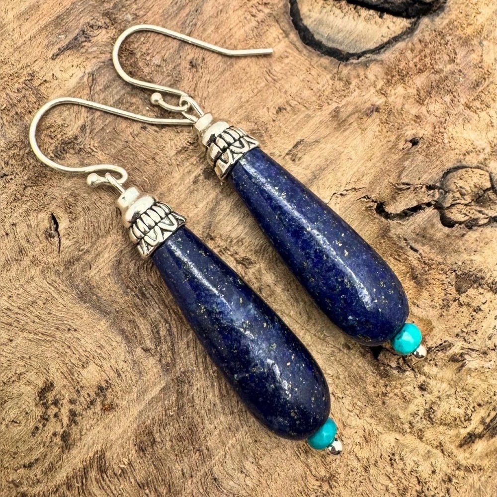 Elegant Lapis, Turquoise and Silver Teardrop Earrings
